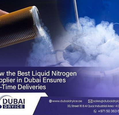 Best liquid nitrogen supplier in Dubai pouring liquid nitrogen from a cryogenic container showing vapour cloud for laboratory and industrial use across UAE