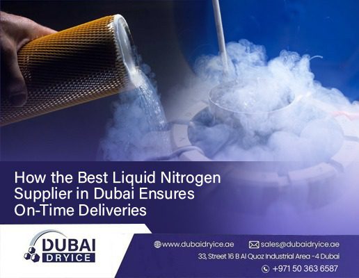 Best liquid nitrogen supplier in Dubai pouring liquid nitrogen from a cryogenic container showing vapour cloud for laboratory and industrial use across UAE