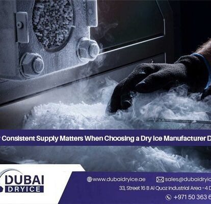 Dry ice manufacturer Dubai producing fresh dry ice pellets directly from a CO₂ production machine at Dubai Dry Ice facility