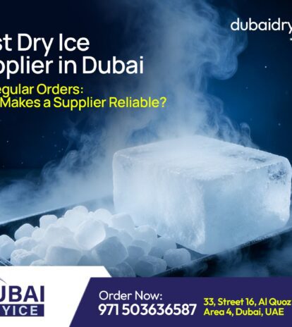Dubai Dry Ice block and pellets on tray with text "Best Dry Ice Supplier in Dubai for Regular Orders"
