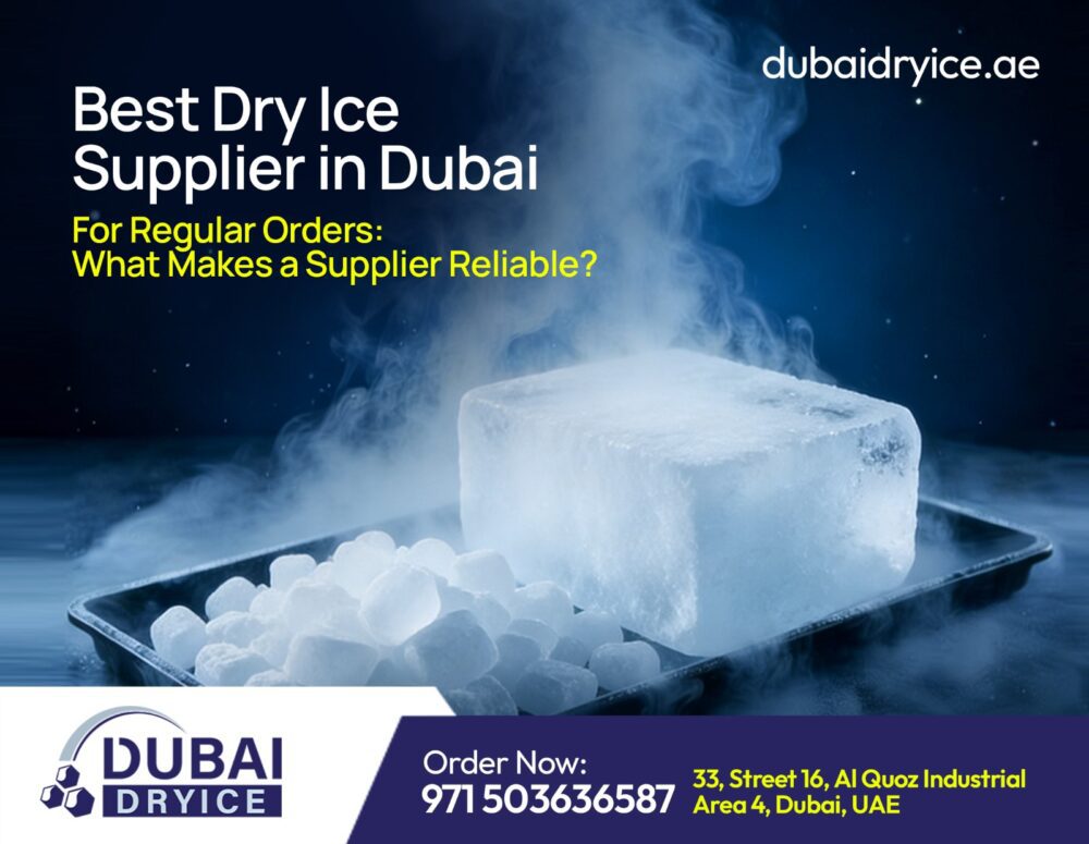 Dubai Dry Ice block and pellets on tray with text "Best Dry Ice Supplier in Dubai for Regular Orders"