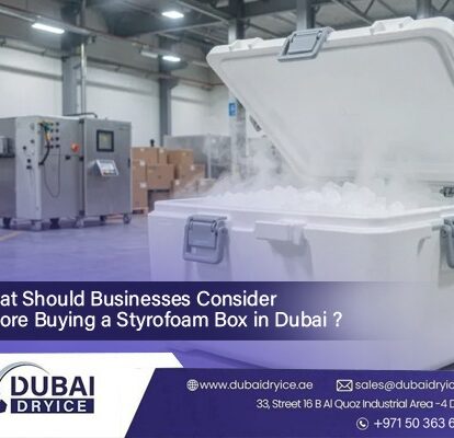 Open styrofoam box filled with dry ice pellets in a Dubai Dry Ice warehouse, used for cold chain packaging in Dubai