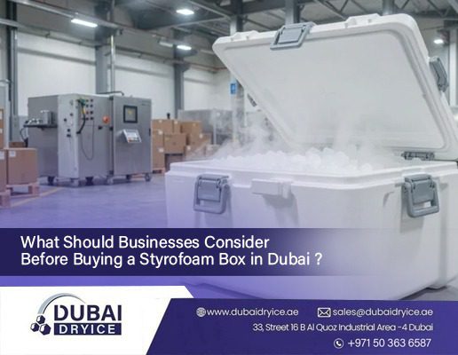 Open styrofoam box filled with dry ice pellets in a Dubai Dry Ice warehouse, used for cold chain packaging in Dubai