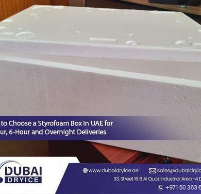 White Styrofoam box in UAE with lid open, used for 2-hour, 6-hour and overnight cold deliveries by Dubai Dry Ice