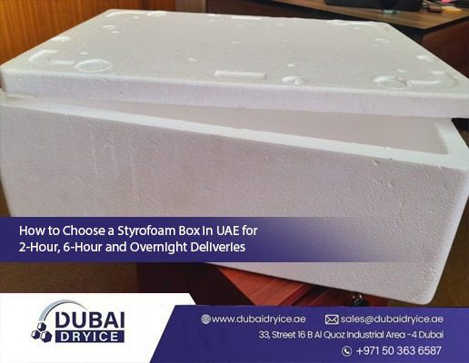 White Styrofoam box in UAE with lid open, used for 2-hour, 6-hour and overnight cold deliveries by Dubai Dry Ice