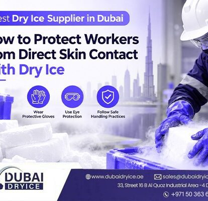 Worker in protective gloves, goggles and hard hat handling dry ice blocks, a safety guide from the best dry ice supplier in Dubai