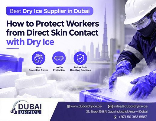 Worker in protective gloves, goggles and hard hat handling dry ice blocks, a safety guide from the best dry ice supplier in Dubai