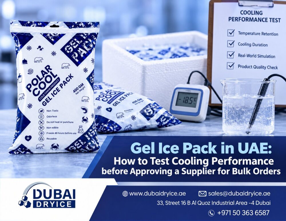 Gel ice pack in UAE with cooling performance test setup, insulated box and temperature logger by Dubai Dry Ice