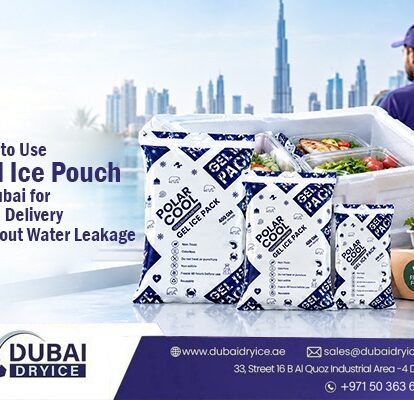 Three Polar Cool gel ice pouches in 100g, 200g and 400g sizes beside an insulated food delivery box in Dubai