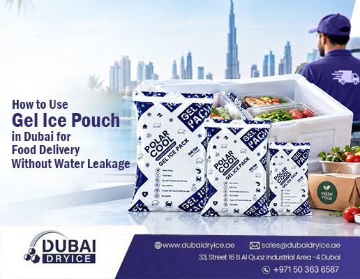 Three Polar Cool gel ice pouches in 100g, 200g and 400g sizes beside an insulated food delivery box in Dubai