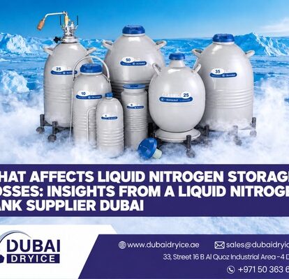 Liquid nitrogen tank supplier Dubai showing cryogenic storage tanks of different sizes surrounded by icy vapor