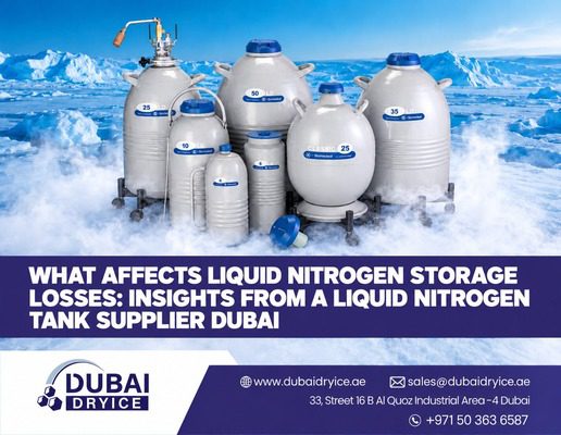 Liquid nitrogen tank supplier Dubai showing cryogenic storage tanks of different sizes surrounded by icy vapor